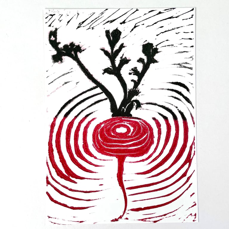 Red Radish Lino Print, A6 Size