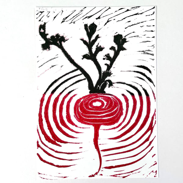 Red Radish Lino Print, A6 Size