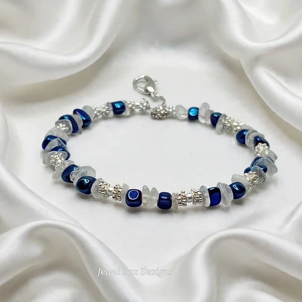 Moonstone & Blu Hue Hematite Bracelet