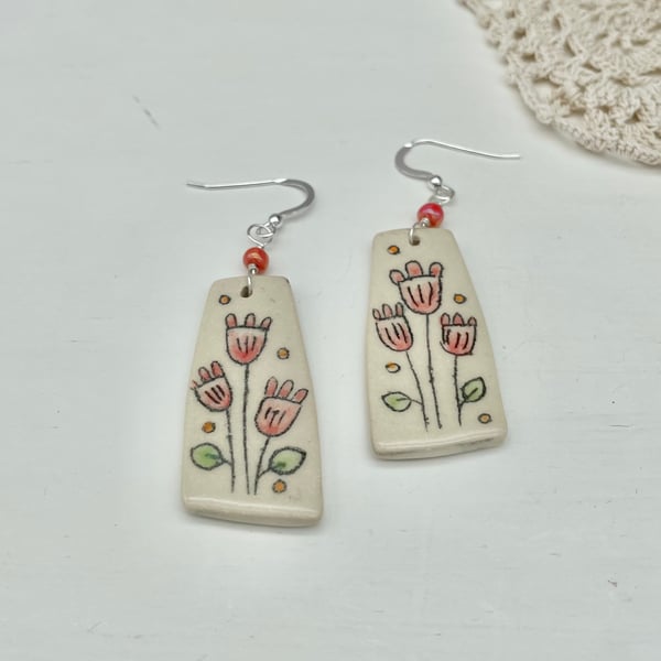 Pretty Handmade Drop Dangly Flower Earrings - Red Green Dots - Ideal Gift E06