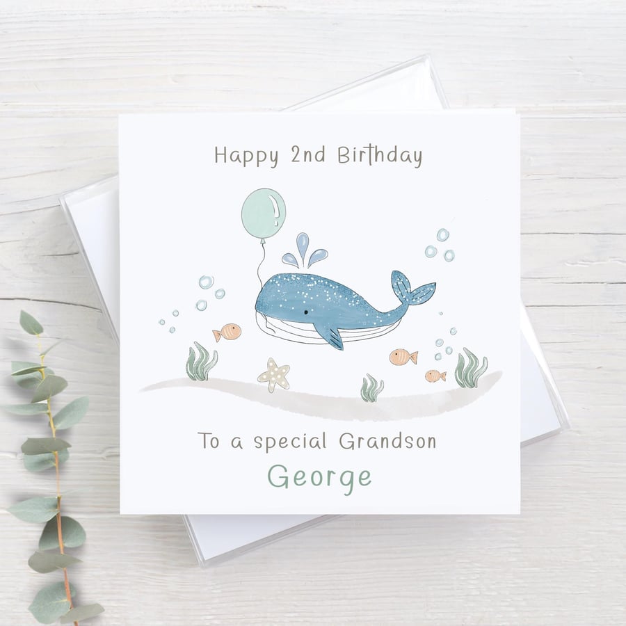 Cute baby whale Birthday Card, any age, sea life theme card, cute under the sea