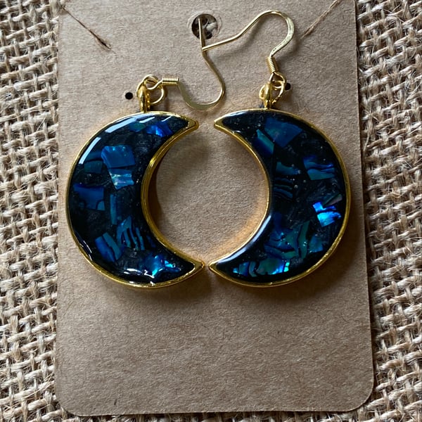 Handmade Moon-Shaped Earrings With Blue Abalone Shells