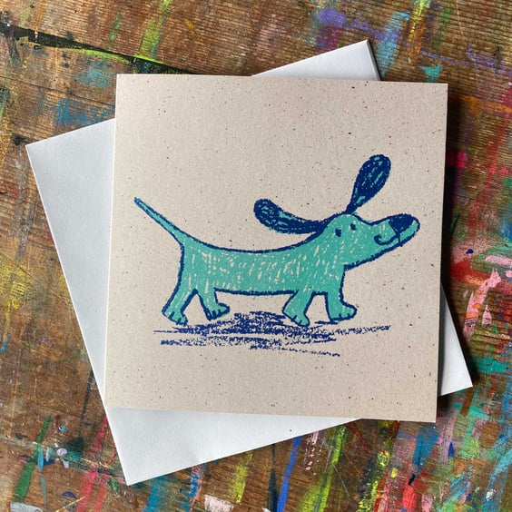 Happy turquoise sausage dog screen printed original square card- by Jo Brown