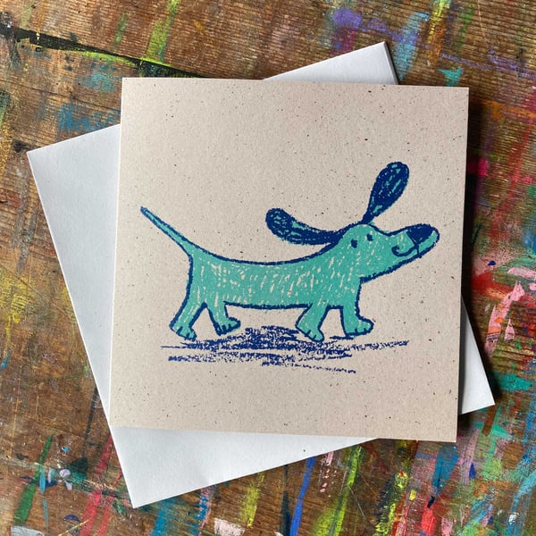 Happy turquoise sausage dog screen printed original square card- by Jo Brown