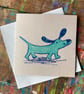 Happy turquoise sausage dog screen printed original square card- by Jo Brown - Image 1