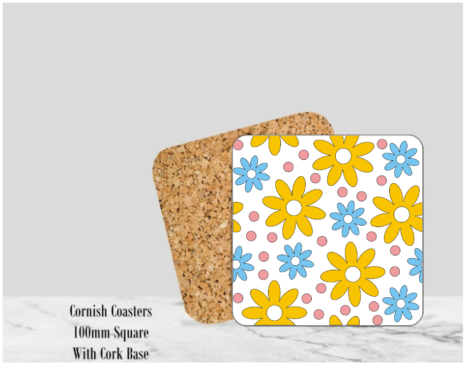 Flower Coaster  4" Square With Cork Base - Design 4