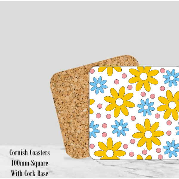 Flower Coaster  4" Square With Cork Base - Design 4