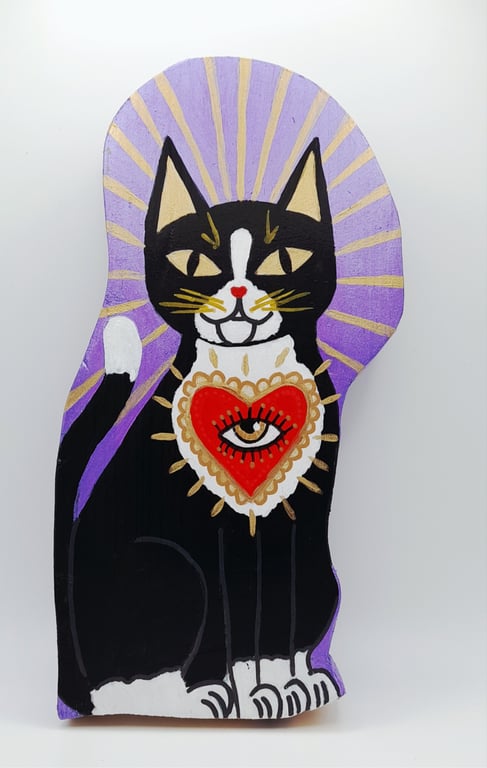 Hand Painted Cat Folk Art on Reclaimed Wood, Tuxedo Cat Familiar, Witchy Decor