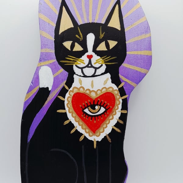 Cat Folk Art Familiar on Reclaimed Wood, Tuxedo Cat Familiar, Witchy Decor