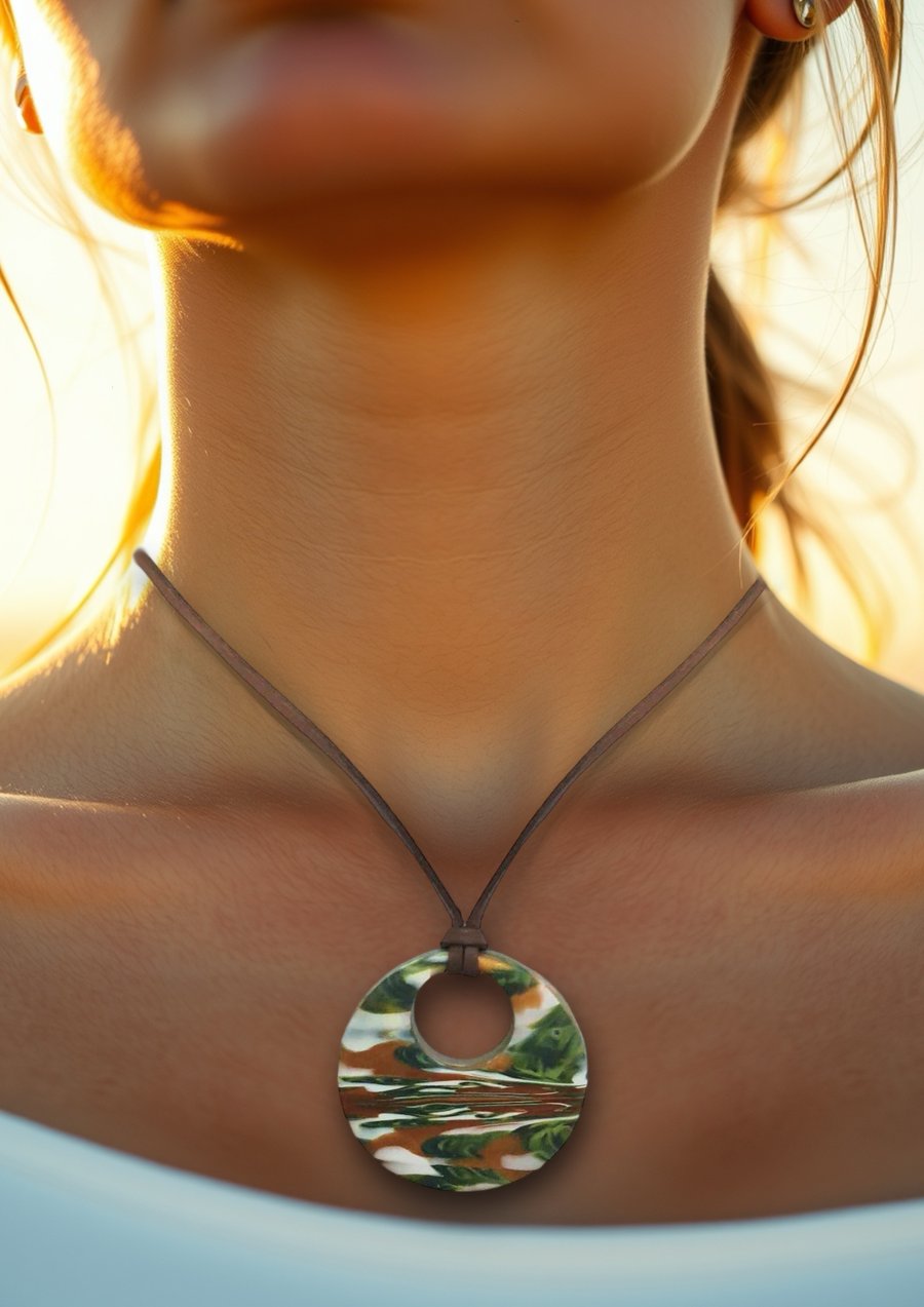 Gold, Green And White Abstract Pendant Necklace 