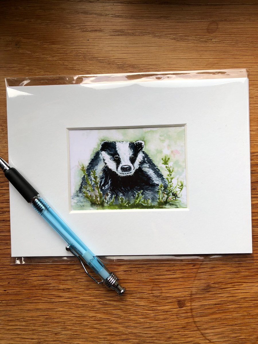 'Barry Badger' Mounted print of miniature watercolour - FREE UK POST