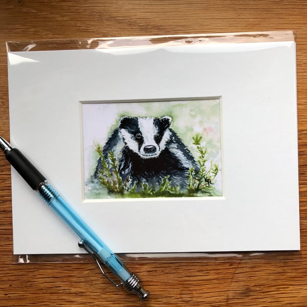 'Barry Badger' Mounted print of miniature watercolour - FREE UK POST