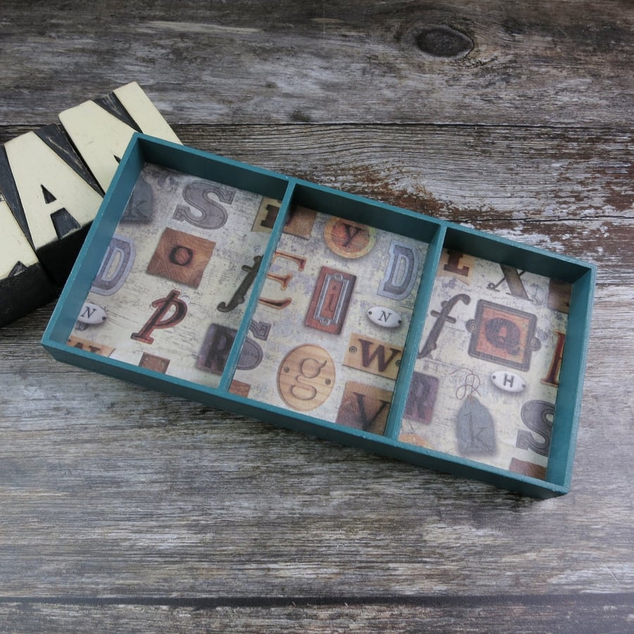 Upcycled Wooden Three Sectioned Desk or Jewellery Tray - Sea Green