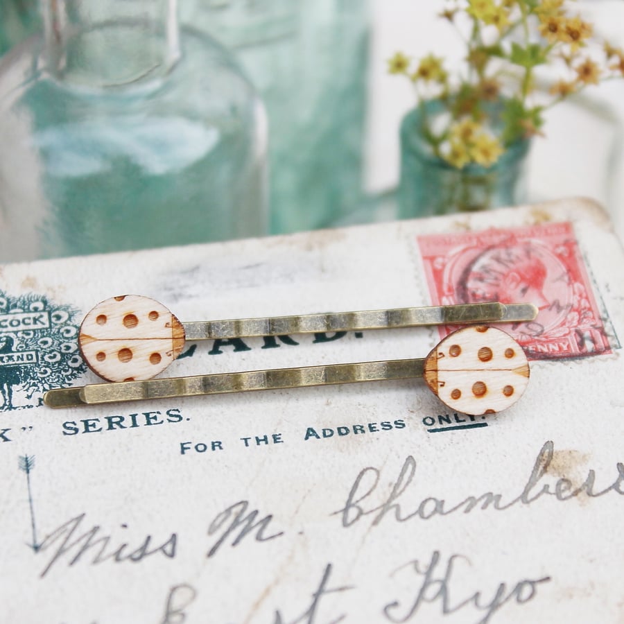Wooden Ladybird Hair Grips