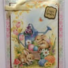 3D Luxury Handmade Easter Wishes Card Bunny Rabbits Basket of Eggs Yellow Bow