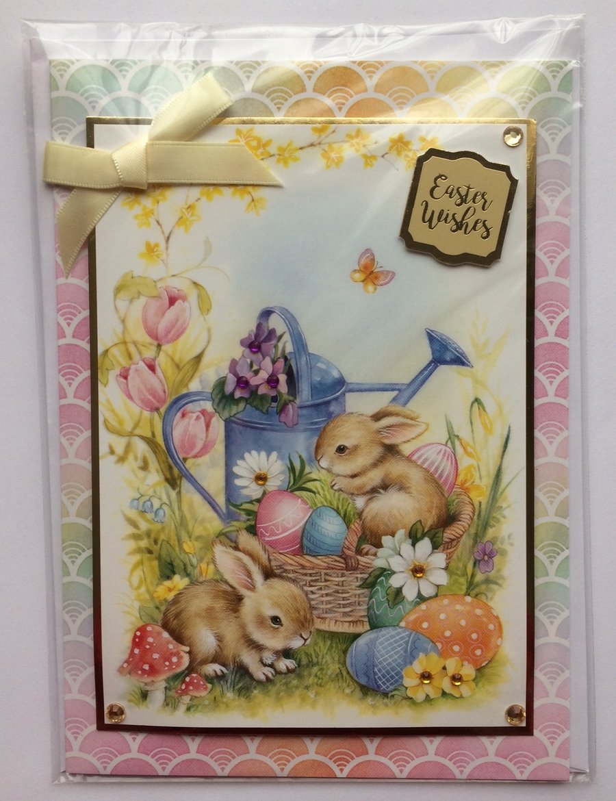 3D Luxury Handmade Easter Wishes Card Bunny Rabbits Basket of Eggs Yellow Bow