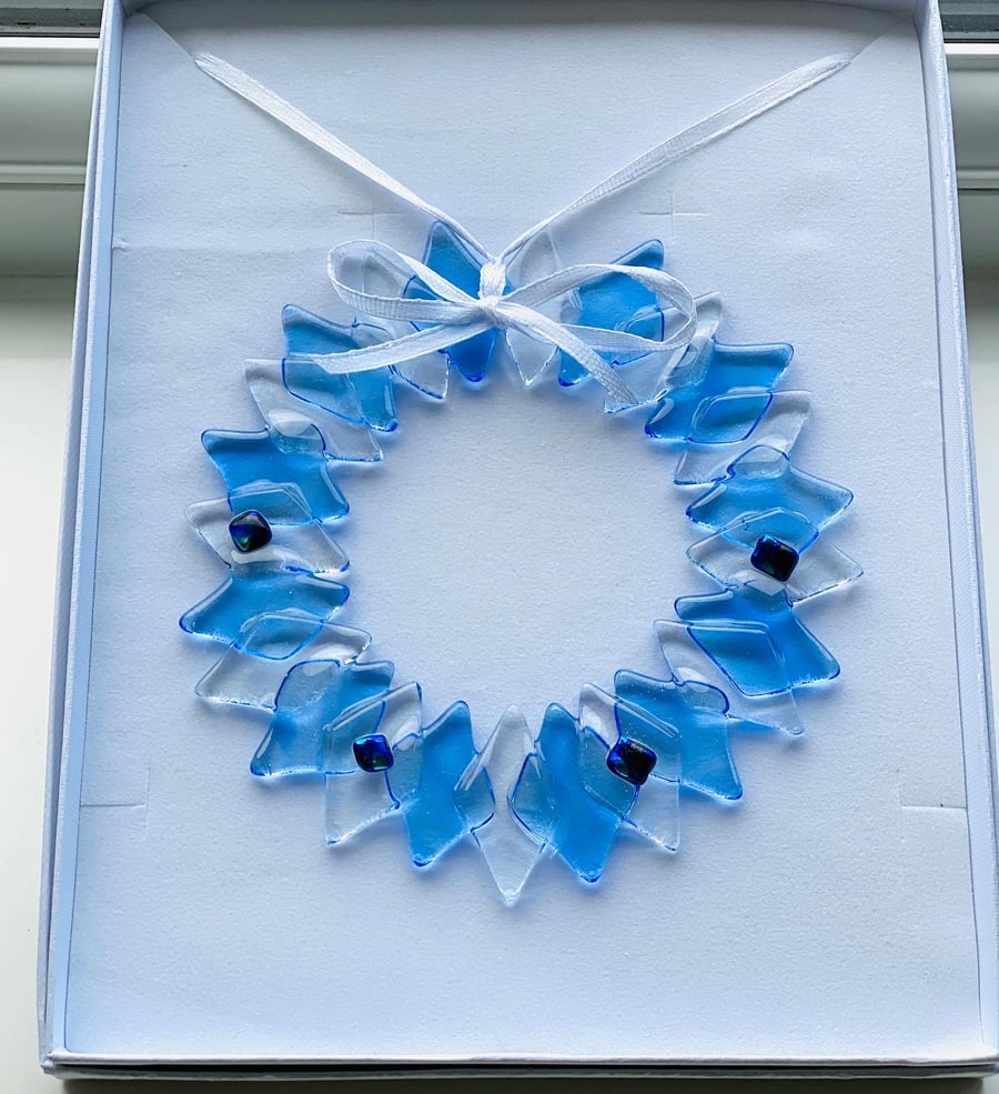 Wonderful blue wreath - fused glass Christmas wreath 