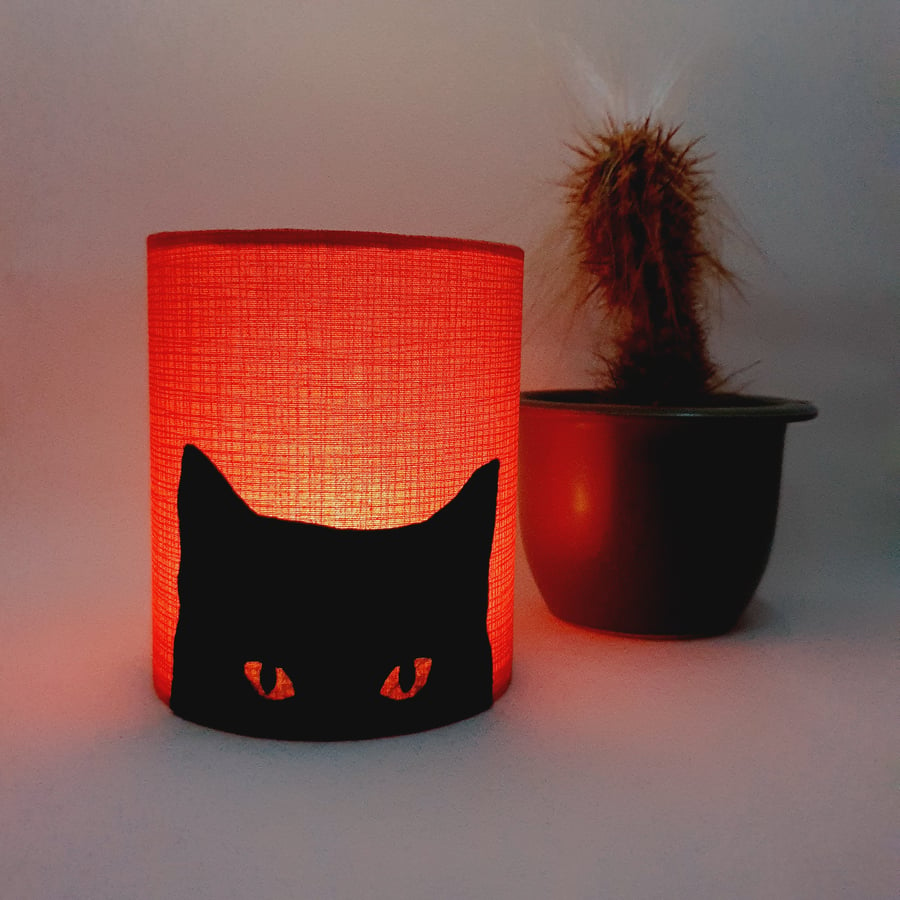 Black Cat Silhouette Lantern with LED candle and checked terracotta fabric