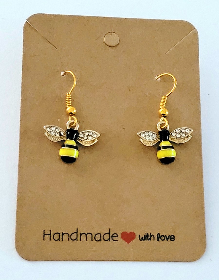 Gold & Yellow Honey Bee Charm Dangle Earrings on Gold Plated Earring Hooks