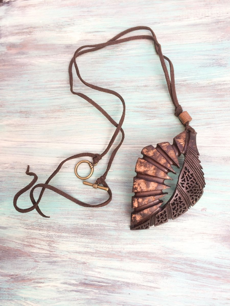 Leaf shaped hand carved coconut shell necklace pendant 