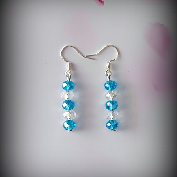 Aqua Blue & Clear Crystal Dangle Earrings on Sterling Silver Hooks, Gift Box