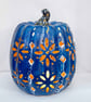 Blue & Gold Floral Pumpkin Lantern – Ceramic Autumn Decoration. - Image 3