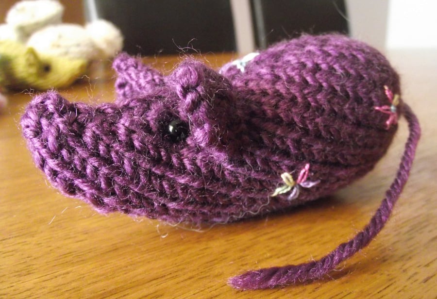 knitted mice - one hand knitted and embroidered mouse