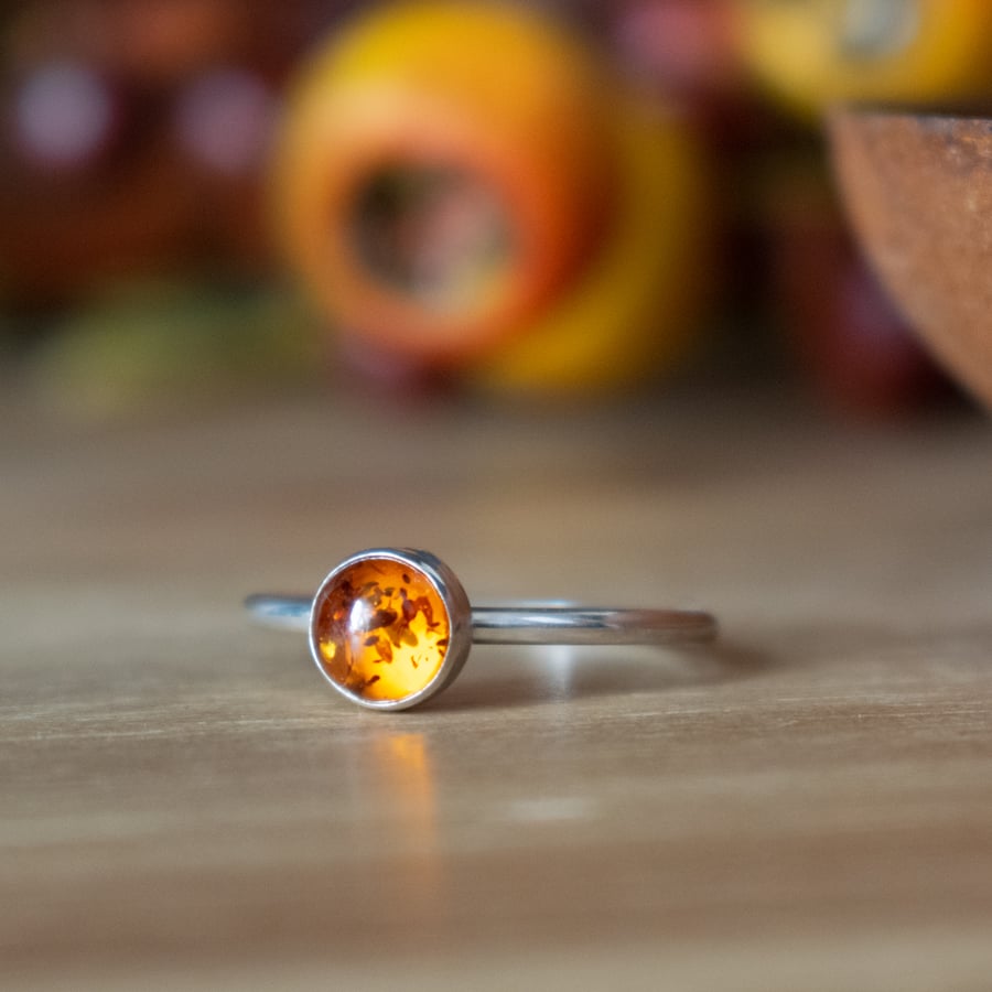 Amber Ring, Sterling Silver and Real Amber Ring
