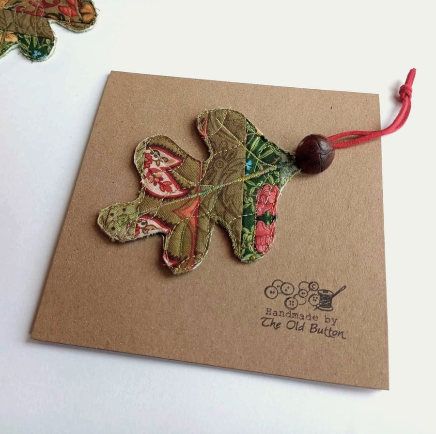 Oak leaf ornament gift for grandparent - patchwork with vintage button