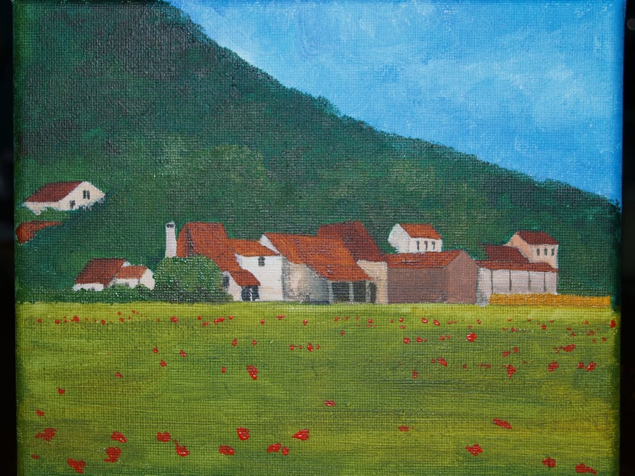 Original acrylic Village in France with Poppy Field