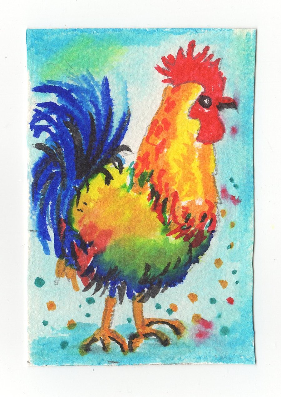 Image of Aceo Original Watercolour, Cockerel, Miniature Art, Size 3.5 x 2.5 inches