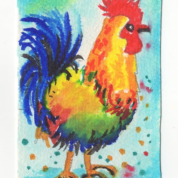 Aceo Original Watercolour, Cockerel, Miniature Art, Size 3.5 x 2.5 inches