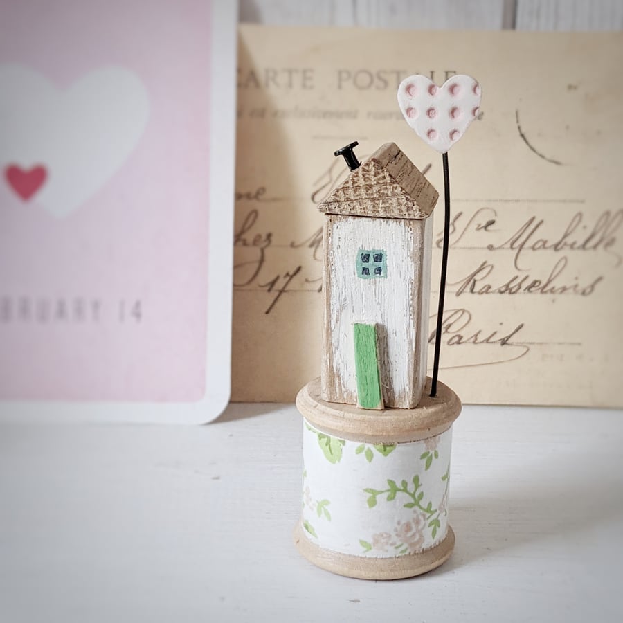 Wooden House on a Vintage Bobbin with Clay Love Heart 