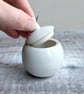 Very small handmade ceramic snowball lidded pot, mini snowman with twig arms - Image 3