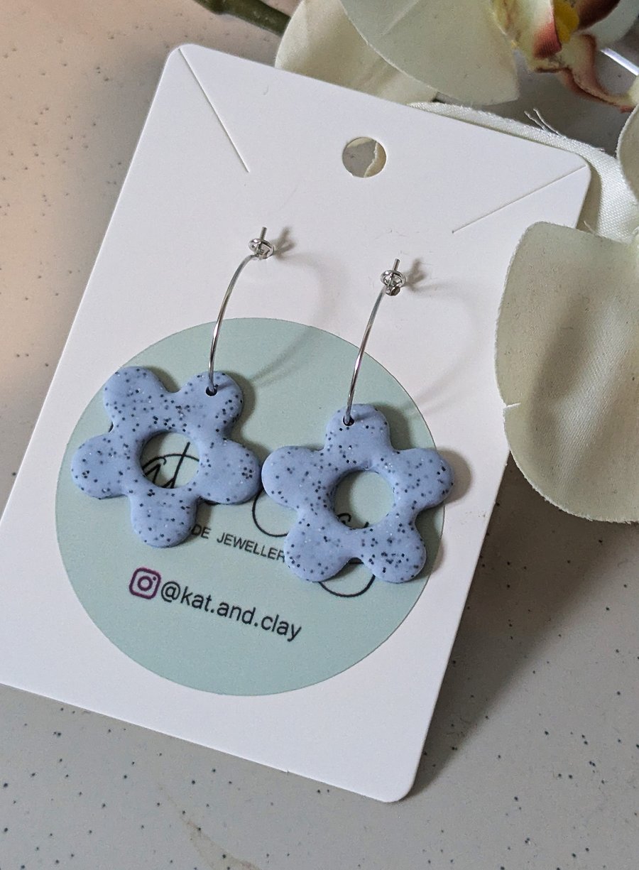 Floral Hoop Earrings - Blue Speckle