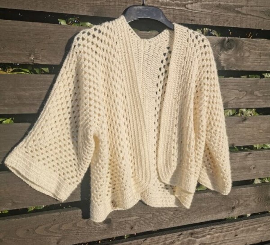 Luxurious 100% Alpaca Crochet Cardigan - Cream Open-Front Kimono Style 