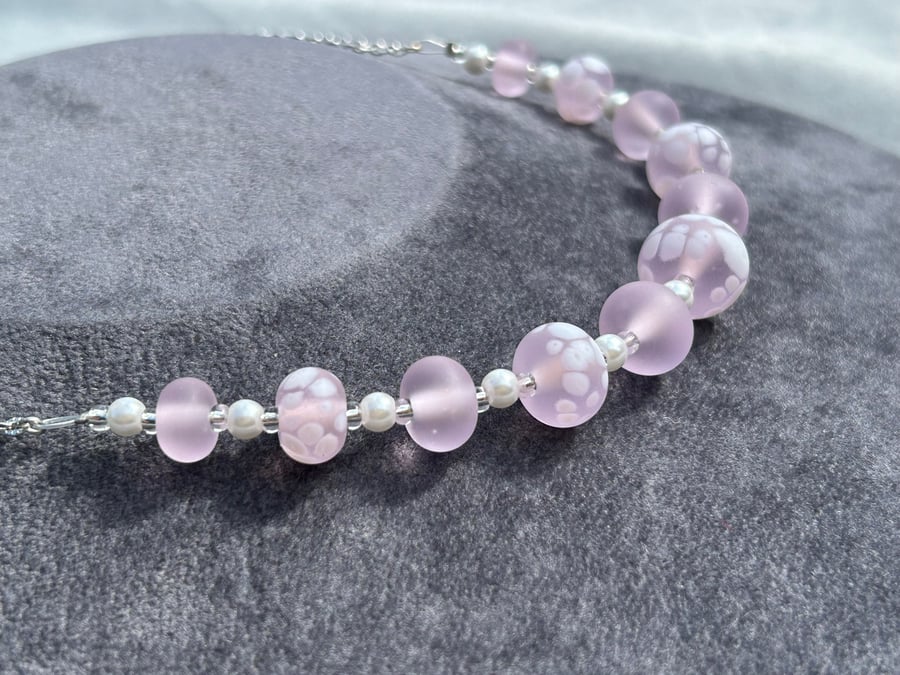 frosty pink and white spotted seaglass effect etched lampwork glass necklace