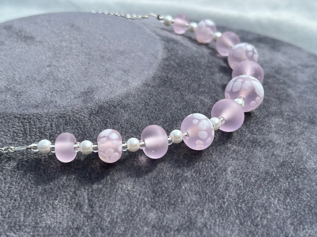 frosty pink and white spotted seaglass effect etched lampwork glass necklace