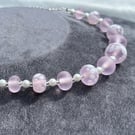 frosty pink and white spotted seaglass effect etched lampwork glass necklace
