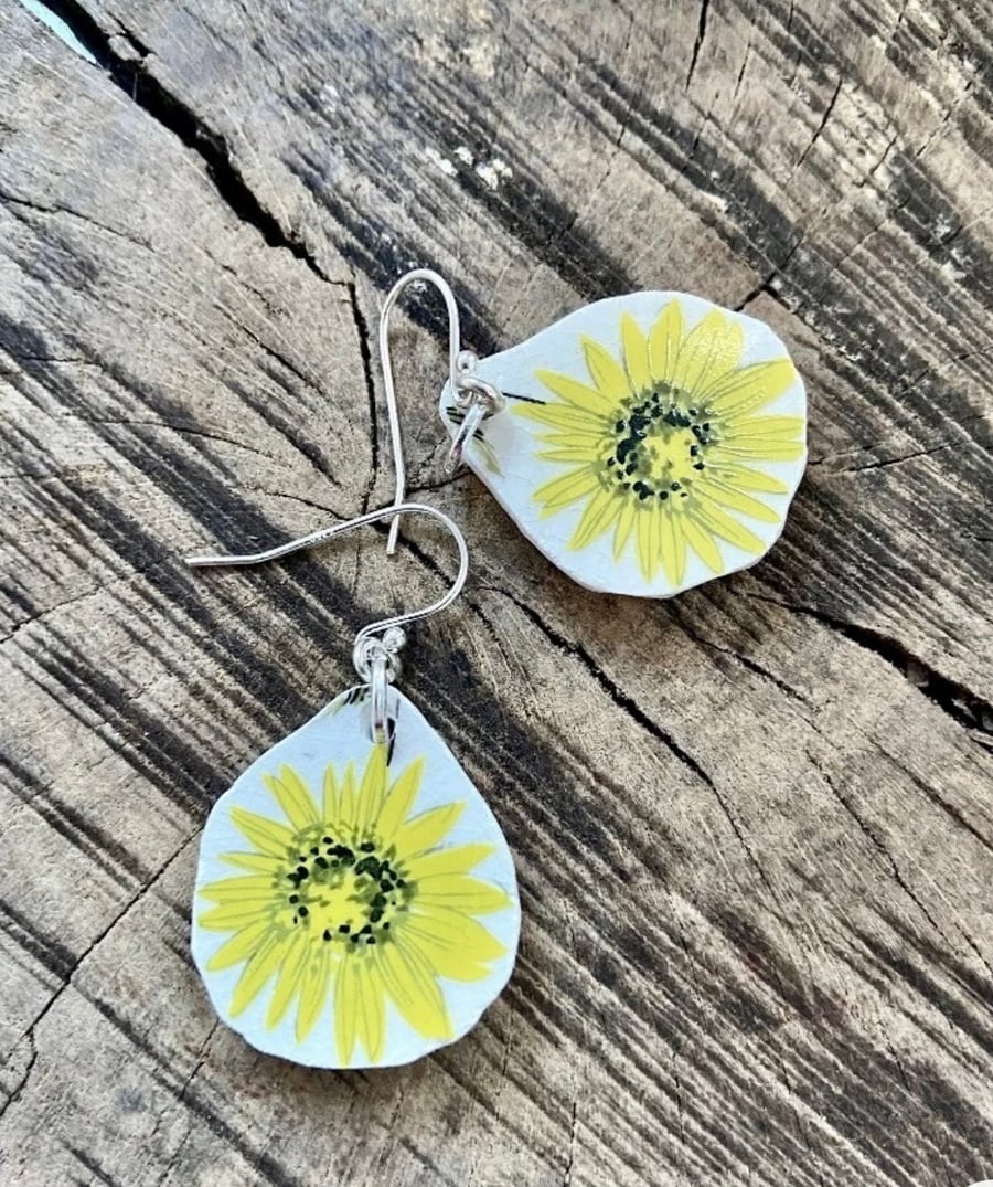 Yellow ceramic flower earrings. one of a kind crockery upcycle.