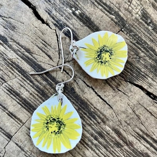 Yellow ceramic flower earrings. one of a kind crockery upcycle.