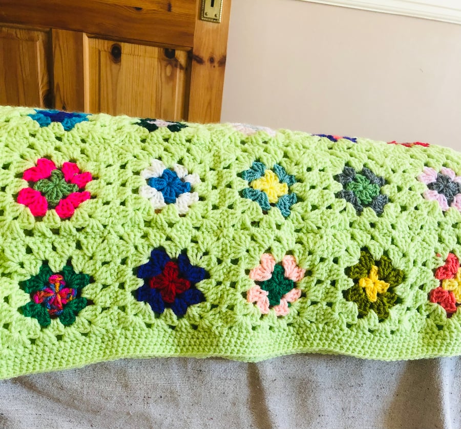 Handmade granny square baby blanket - lime green multi-coloured 