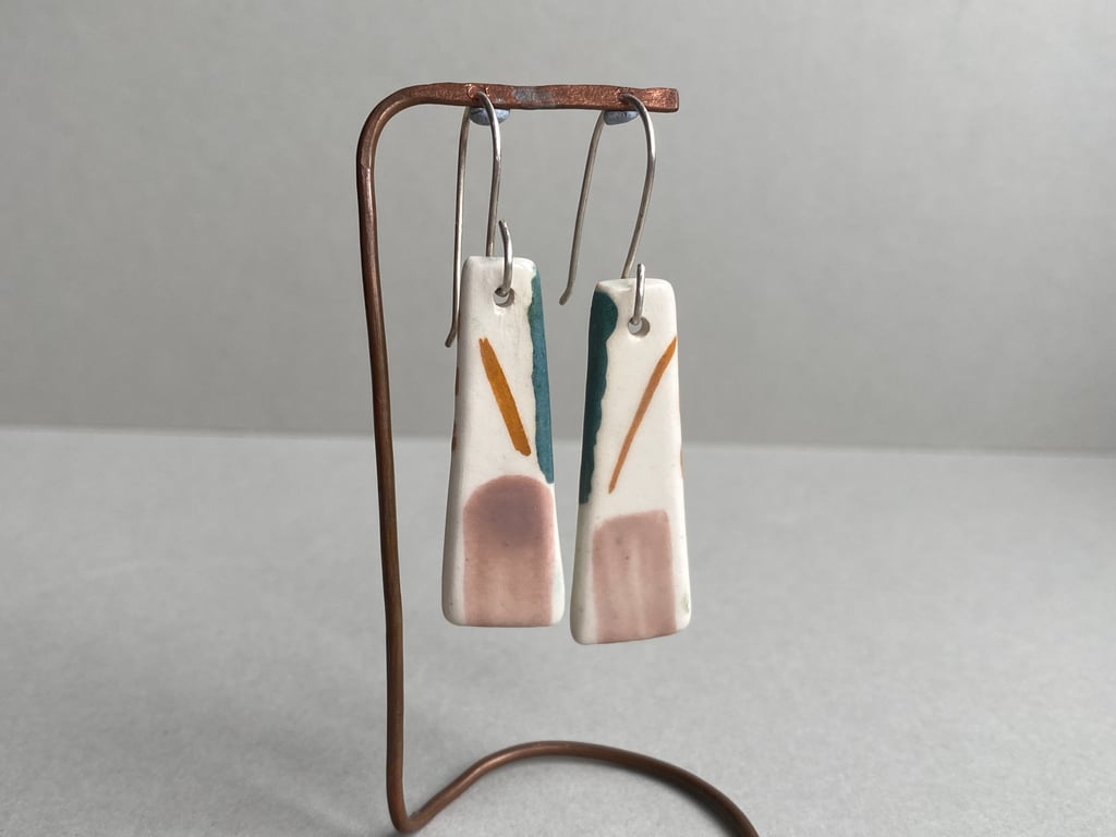 Dangly Earring handmade ceramic - Sterling Silver, pretty Rose Pink 