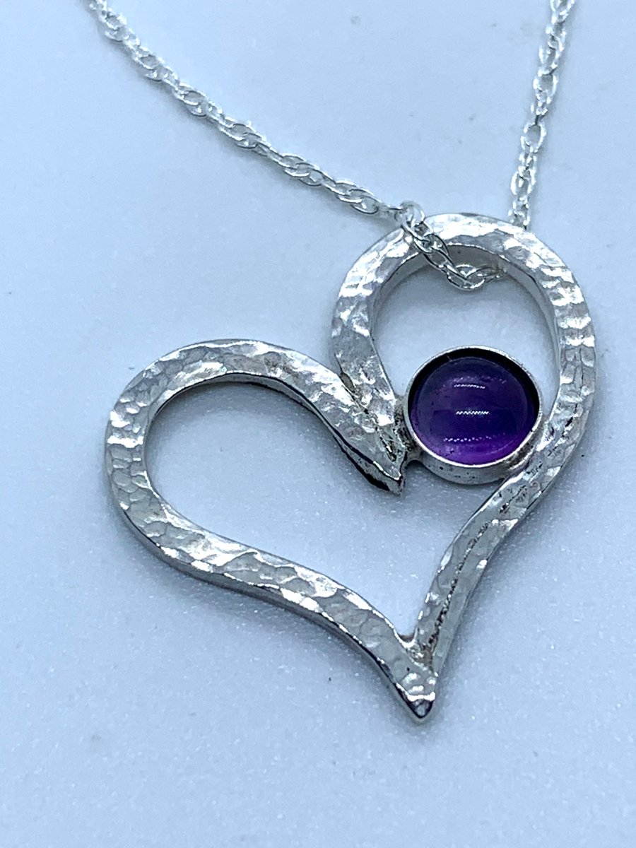 Amethyst and Sterling Silver Heart Pendant, Hammer Textured, 100% Handmade
