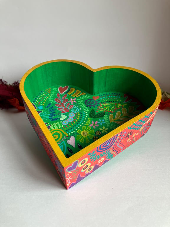 Brightly coloured hand painted heart dish