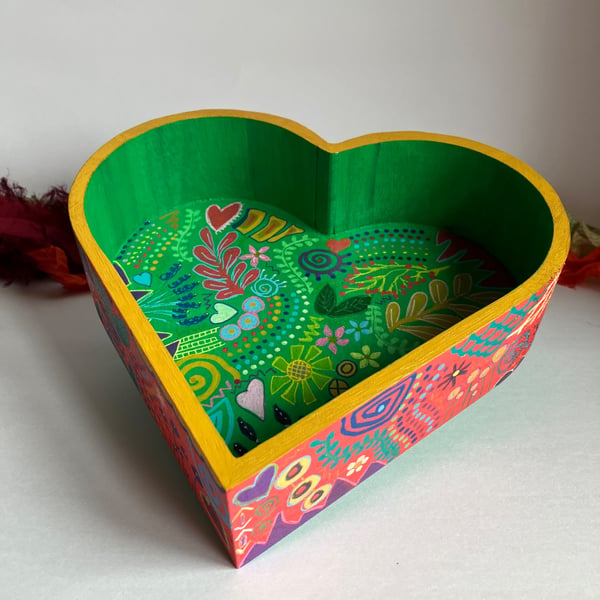 Brightly coloured hand painted heart dish