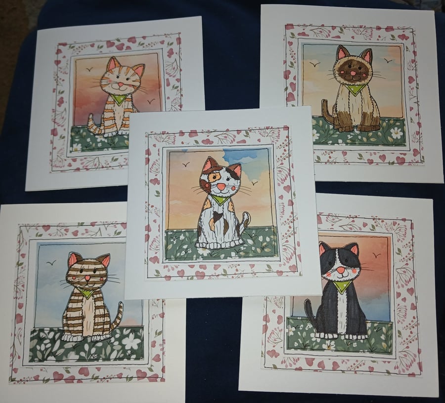 Quirky art handrawn set of 5 beautiful handmade whimsical cute cat blank cards