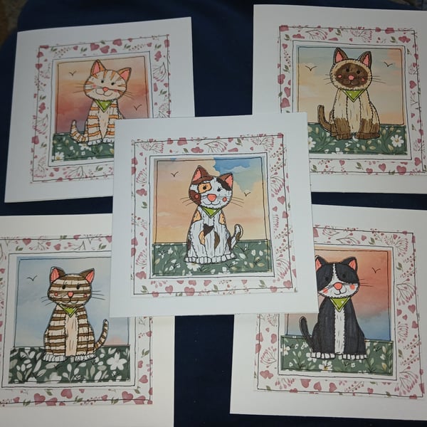 Quirky art handrawn set of 5 beautiful handmade whimsical cute cat blank cards