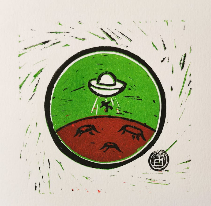 UFO beaming up a man. linocut print.