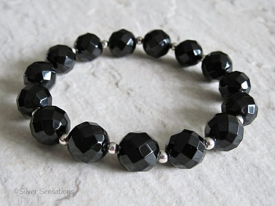 Chunky Faceted Black Onyx & Sterling Silver Beads Stretch Bracelet
